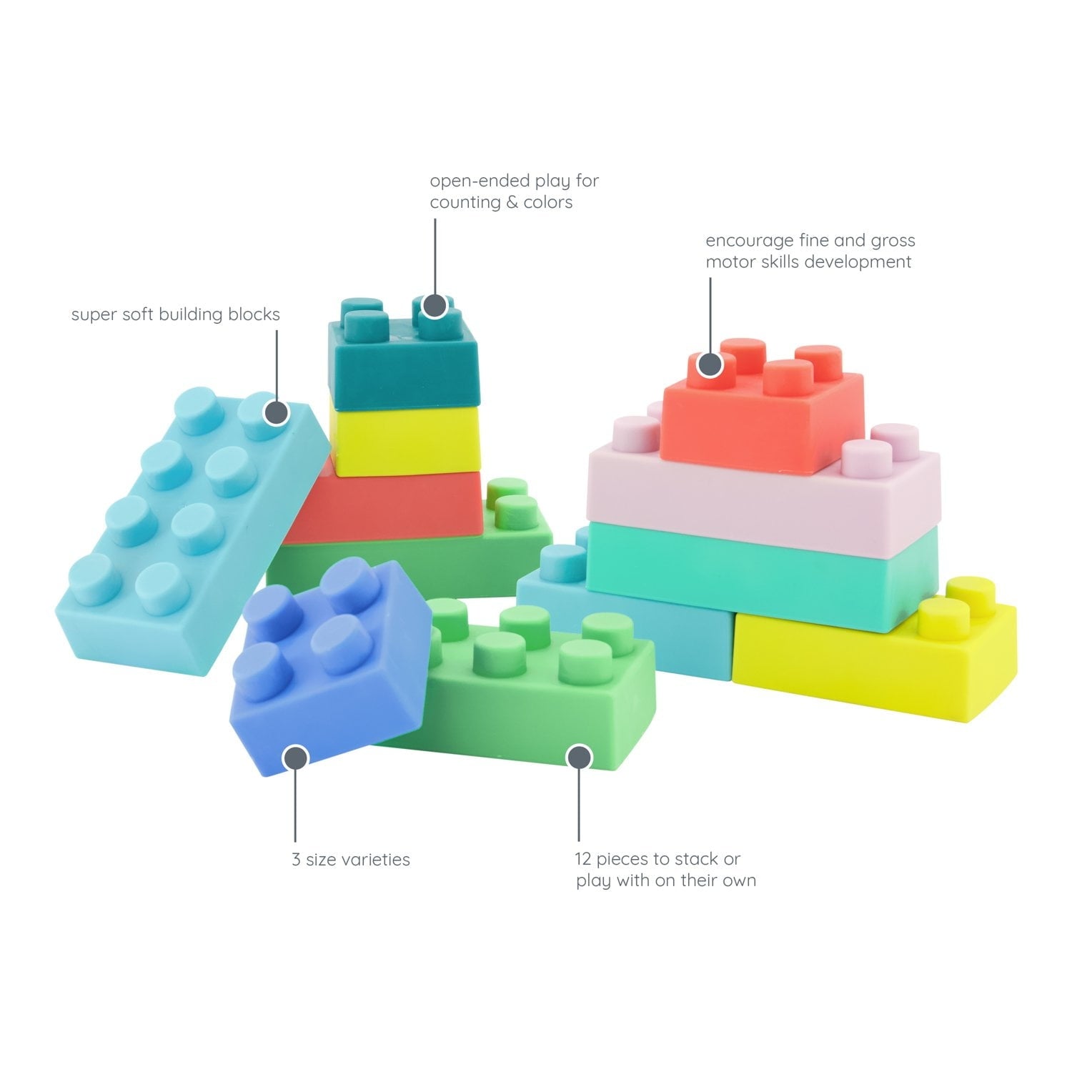 Infantino Super Soft 1st Building Blocks, Sensory Baby Toys, 6-12 Months, Multicolor, 12-Piece