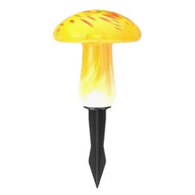 Yellow mushroom solar light with bright glow, speckled cap, and black pointed stake