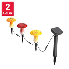 2-pack solar mushroom landscape lights with mixed red and yellow caps and black stakes