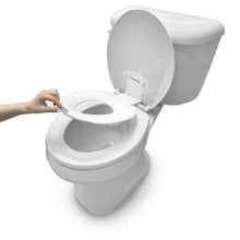 Flip-and-sit potty seat with open gray lid over a white potty bowl insert
