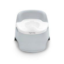 Grey toddler training potty with white removable bowl and rounded seat lid