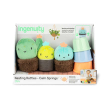 Ingenuity nesting rattle set in box, featuring plush cactus, fish, and whale characters