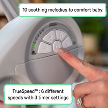 Control panel on portable baby swing with speed and timer buttons