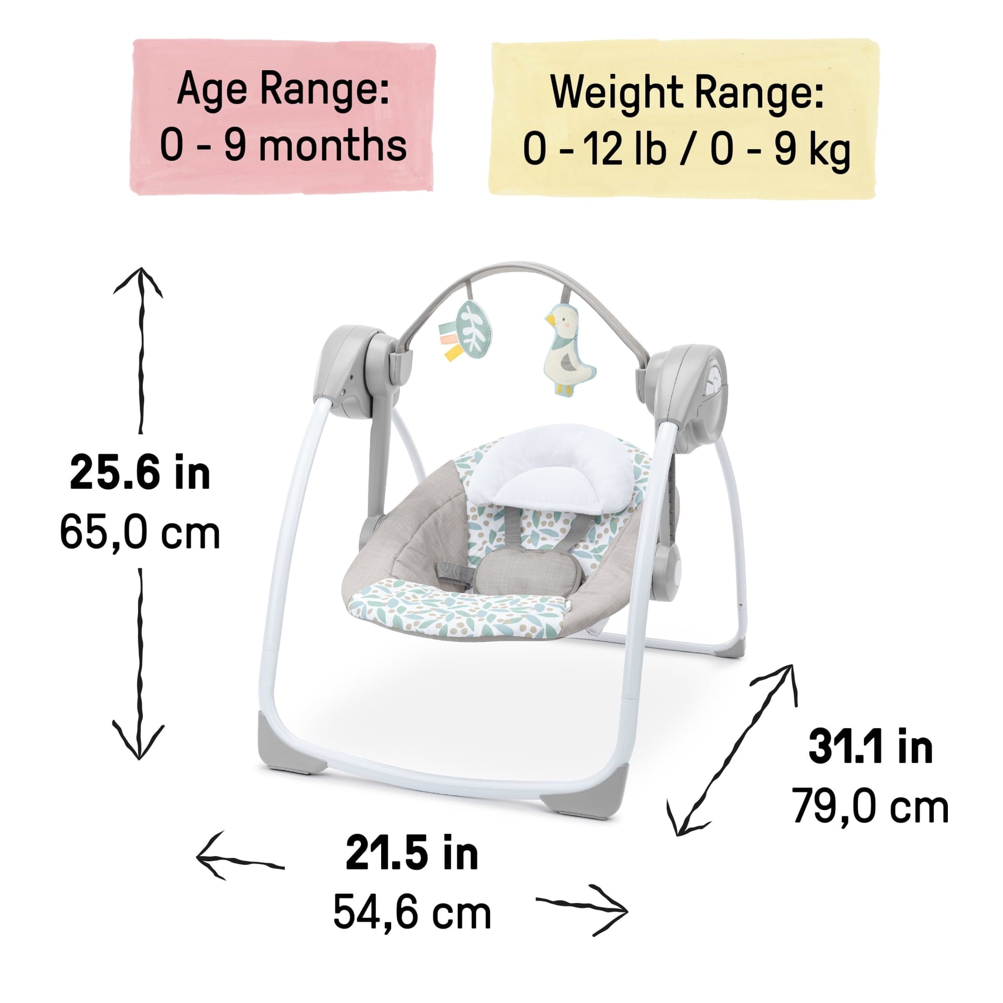 Ingenuity Comfort 2 Go Portable Swing - Endless Bloom - 6 Speeds - 10 Melodies - 0-9M