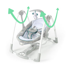 Gray and white portable baby swing with arched canopy and plush hanging toy