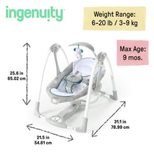 Gray portable vibrating baby swing with front controls and plush toy on arch