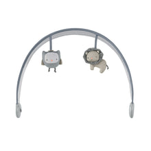Round baby bouncer frame with hanging animal toys in gray and white