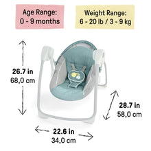 Portable baby swing with teal canopy and gray seat on white background, side view.
