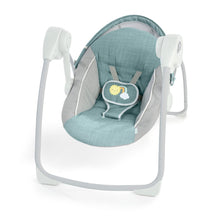 Portable baby swing with teal canopy and gray seat, front view on white.