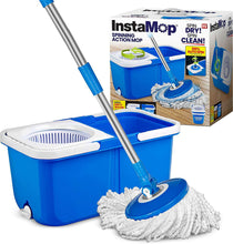 Blue spin mop bucket with wringer and white microfiber mop head, gray handle