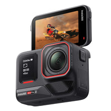 Action camera with front lens, dark grip, and back screen showing video