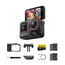 Action camera bundle with front screen and accessories shown in a flat layout