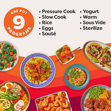 Multi-program pressure cooker guide with labeled cooking modes and plated meals