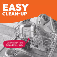 Electric pressure cooker lid and inner pot shown in dishwasher rack