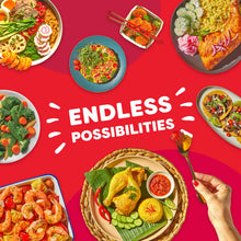 Electric pressure cooker meal variety with bowls and plates of cooked dishes
