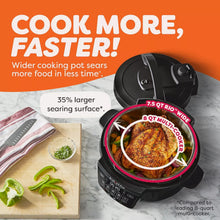 Black 7.5-qt multi-cooker with lid open and control panel shown