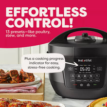 Black multi-cooker with lid and control panel and cooking progress indicator