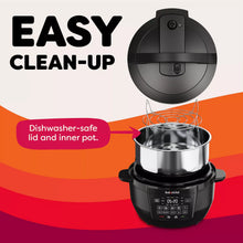 Black electric multi-cooker with inner pot and lid removed for cleaning