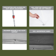 Pop-up canopy leg adjustment with push-button height control and leveled ball feet