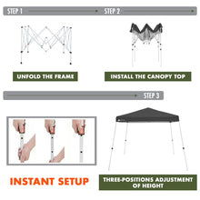 Instant setup diagram showing frame unfolding and canopy top installation