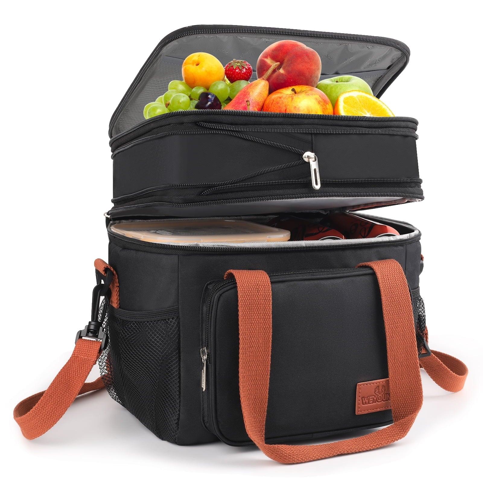 Insulated Lunch Bag for Women/Men, 17L Expandable Double Deck Lunch Cooler Box, Lightweight Leakproof Lunch Tote Bag W/ Side Tissue Pocket&Adjustable Shoulder Strap, Suit for Work,Picnic,Black