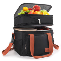 Insulated Lunch Bag for Women/Men, 17L Expandable Double Deck Lunch Cooler Box, Lightweight Leakproof Lunch Tote Bag W/ Side Tissue Pocket&Adjustable Shoulder Strap, Suit for Work,Picnic,Black