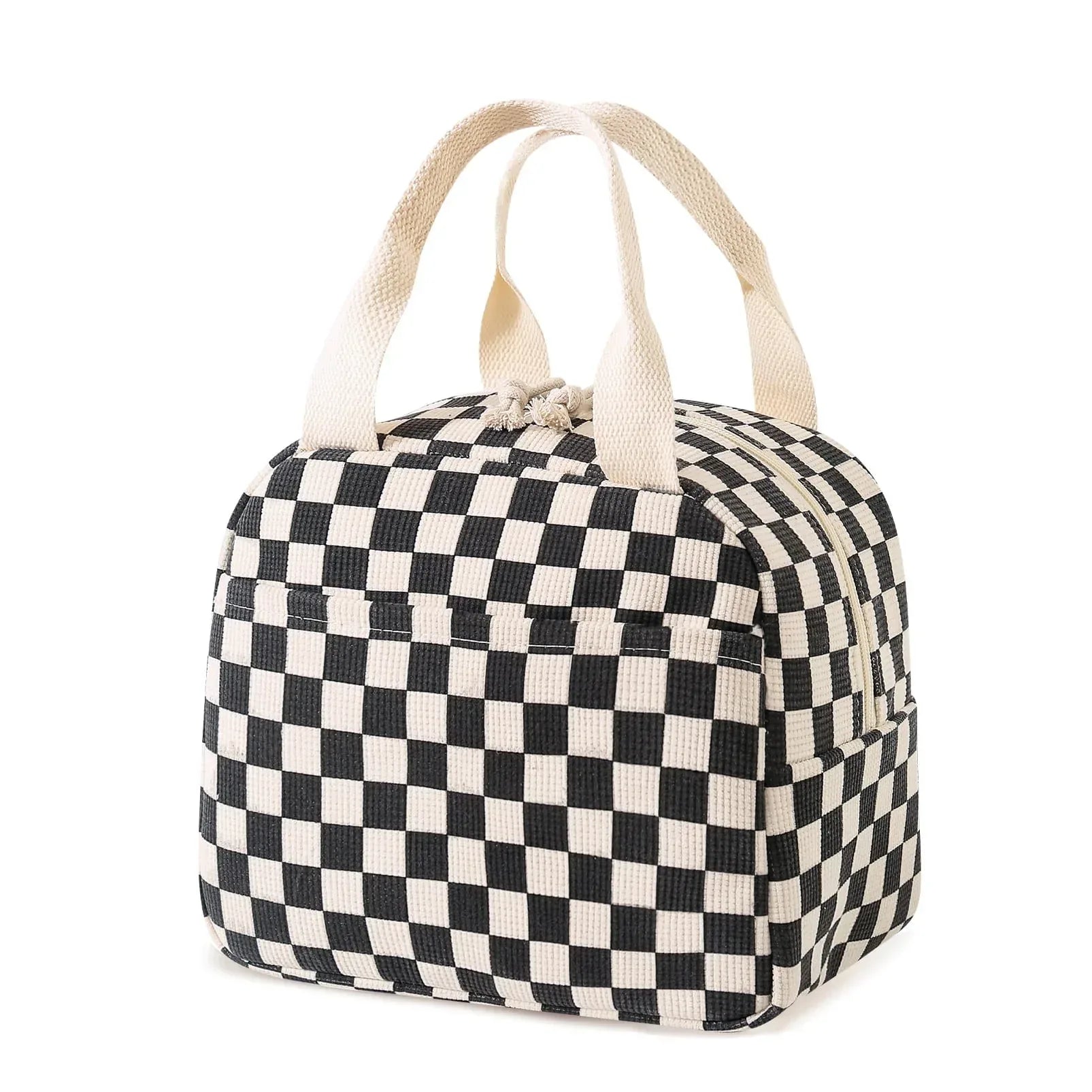 Cute Corduroy Lunch Bag for Women Men, Insulated Lunch Box Tote Bag Reusable Leakproof Bento Cooler Bag for Work Picnic Travel (Black Floral Beige)
