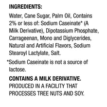 Coffee creamer ingredients panel listing Water, Cane Sugar, Palm Oil, and milk derivative.
