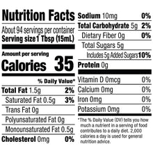 Nutrition Facts label for coffee creamer: 1 tbsp (15 mL) and 35 calories.