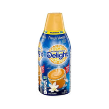 French vanilla coffee creamer container, blue bottle with vanilla and coffee cup graphic.