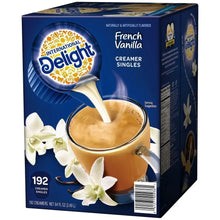 International Delight creamer singles box in French vanilla, with serving cup graphic.