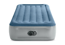 Twin airbed mattress with blue top, gray base, and built-in pump control