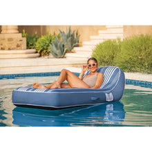 Inflatable pool lounge chair in blue with white striped seating