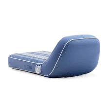 Inflatable lounge chair with blue curved back and white-trimmed striped seat