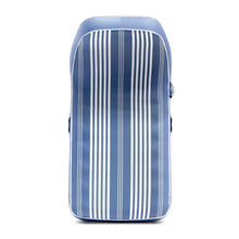 Inflatable lounge chair back view in blue with vertical white stripe panels