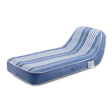 Inflatable pool lounge chair with white stripe panel on blue body