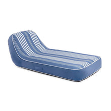 Inflatable lounge chair with blue sides and white striped fabric top
