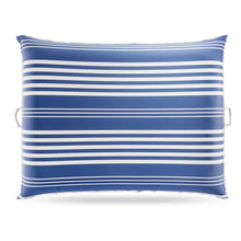 Blue and white striped rectangular inflatable lounge cushion with side handles