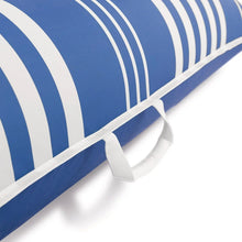 Blue and white striped inflatable lounge with white carry handle strap