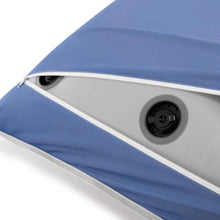 Inflatable pool lounge with circular air valve under white zipper trim