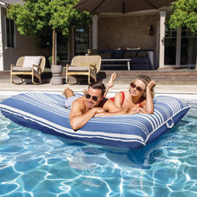 Blue and white striped inflatable pool lounge with built-in pillow