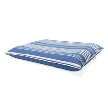Blue and white striped low-profile inflatable pool lounge cushion