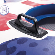 Inflatable river float with black handle grip and textured blue seat surface
