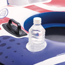 Inflatable river float with black grab handle and clear bottle holder on deck