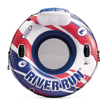 Inflatable river float with white headrest, red-and-blue body, black carry handles