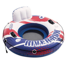 Inflatable river float with raised white headrest, blue inner ring, red and blue print