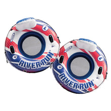 Two-pack inflatable river floats with blue and red graphics, white grab handles