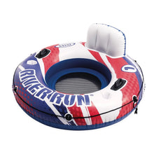 Inflatable river float with blue inner opening and red-white-blue RiverRun graphics