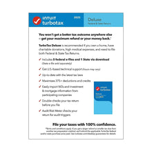 TurboTax Deluxe 2025 features panel with download details and 375+ deduction notes