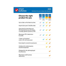 TurboTax Home & Business 2025 product comparison chart with checkmarks